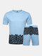 Men Print Mesh Short Sleeve Set Lounge Two Pieces Breathable Mesh Design Pajamas - Blue