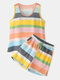 Plus Size Women Color Striped Tank Top Short Set Comfy Pajamas - Yellow