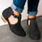 Large Size Women Pointed Toe Hollow Buckle Chunky Heel Single Ankle Boots - Black