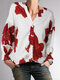 Women Floral Print V-Neck Button Front 3/4 Sleeve Shirt - Red