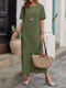 Women Solid Double Pocket Split Front Cotton Short Sleeve Dress - Army Green