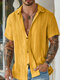 Mens Solid Texture Casual Lapel Collar Short Sleeve Shirts - Yellow