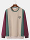 Mens Funny Face Embroidered Colorblock Patchwork Crew Neck Pullover Sweatshirts - Khaki
