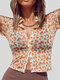 Floral Print Short Sleeve Lapel Button Down Crop Shirt - Orange