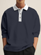 Mens Contrast Collar Long Sleeve Casual Loose Golf Shirts - Navy