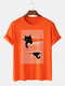 Mens Cute Cat Pinstripe Graphic 100% Cotton O-Neck Short Sleeve T-Shirts - Orange
