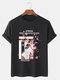 Mens Cat Cherry Blossoms Letter Print Street Cotton Short Sleeve T-Shirts - Black