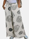 Casual Printed Wide-Legged Elastic Waist Pants With Pockets For Women - White