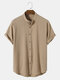 Mens Solid Color Texture Stand Collar Basics Short Sleeve Shirts - Khaki