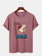 Mens Crane Slogan Print Japanese Style Short Sleeve T-Shirts - Dark Pink