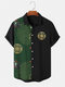 Camisas masculinas de manga curta com estampa floral chinesa patchwork lapela inverno - Verde