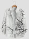 Mens Chinese Style Tree Ink Print Lapel Long Sleeve Shirts - White