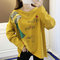 7327# Long-sleeved T-shirt Hong Kong Style Retro Round Neck Top Loose Female - Yellow
