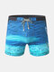 Mens Ocean Fish Print Mesh Breathable Drawstring Swim Boxer With Pocket - Blue