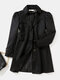 Solid Pocket Lapel Long Sleeve Button Coat for Women - Black