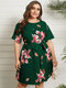 Floral Print O-neck Short Sleeve Belt Plus Size Dress for Women - Green