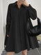 Solid Long Sleeve Lapel Button Front Casual Shirt Dress - Black
