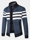 Mens Knitted Stripe Zip Front Stand Collar Casual Warm Cardigans - Blue