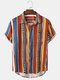 Mens Vintage Mix Stripe Print Lapel Holiday Short Sleeve Shirts - Blue
