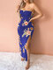 Tube Top High Slit Random Floral Print Sleeveless Dress - Blue