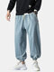 Mens Wash Solid Color Drawstring Pocket Loose Jogger Jeans - Blue
