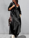 Casual Button O-neck Pleated Long Sleeve Plus Size Dress With Pockets - Black