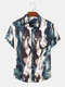 Mens Abstract Watercolor Print Lapel Casual Short Sleeve Shirts - Khaki