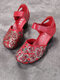 SOCOFY Vintage Leather Breathable Chunky Heel Mary Jane Shoes - Red