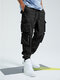Mens Pure Color Multi Pocket 100% Cotton Cuffed Cargo Pants - Black