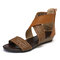 Women Comfy Rome Splicing Peep Toe Zipper Flat Sandals - Brown
