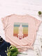 Spaceship Stripe Print O-neck Short Sleeve Casual T-Shirt For Women - Pink