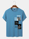 Mens Moon Astronaut Graphics Crew Neck Short Sleeve T-Shirts - Blue