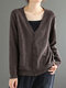 Solid Pocket Button V-neck Long Sleeve Knitted Cardigan - Coffee