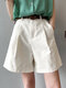 Pleats Zip Belted High Waist Thigh Length Pocket Shorts - White