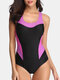 Women Color Block Patchwork Wireless Wide Strap Skinny Fit One Piece Swimwear - Pink