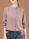 Solid Stand Collar Button Front Long Sleeve Blouse - Pink