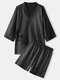 Mens Satin Solid Tie Side Kimono Elastic Waist Shorts Black Pajamas Sets - Black