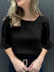 Women Solid Ruffle Sleeve Crew Neck Casual Blouse - Black