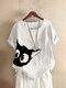 Cartoon Cat Printed Short Sleeve T-shirt For Women - White