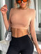 Solid Lace Up Sides Mock Neck Long Sleeve Crop Top - Khaki