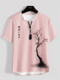 Mens Japanese Cherry Blossoms Print Tie Neck T-Shirts - Pink