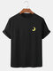 Mens Cotton Weather Embroidered Solid Color Loose Light T-Shirts - Black