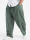 Plus Size Mens 100% Cotton Casual Solid Color Drawstring Waist Harem Pants - Green