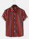 Mens Colorful Stripes Print Turn Down Collar Light Loose Shirts - Black