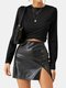 Solid Color O-neck Long Sleeve Casual Crop Top For Women - Black