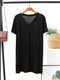 Solid Color V-neck Short Sleeve T-shirt - Black