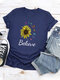 Letter Butterflies Sunflower Print Short Sleeve T-shirt For Women - Navy