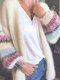 Multi-color Striped Knitted Long Sleeve Plus Size Cardigan - Beige