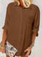 Women Solid Chest Pocket Irregular Hem Long Sleeve Shirt - Brown