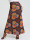 Floral Geometric Print High Waist Buttocks Long Skirt - Brown